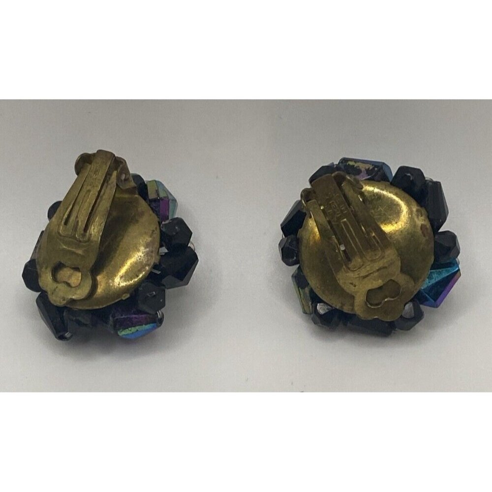 Vintage Clip on Earrings Black Glass Oil Slick West German Beads Peacock Retro - Picture 7 of 10